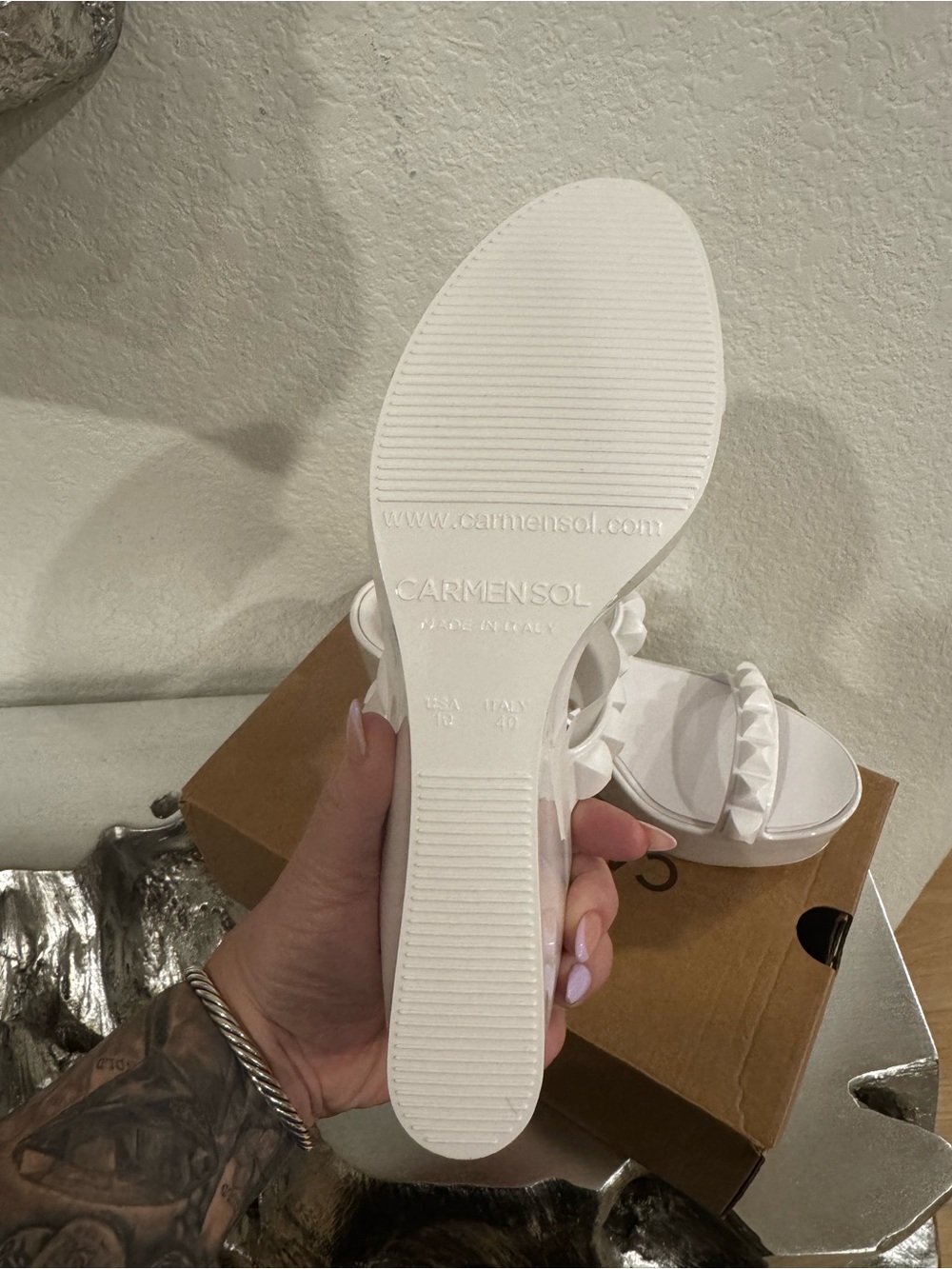White Studded Patent Wedge Slide Sandals - Women's - Picture 5 of 9